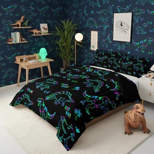 Image of QOOMO Jurassic Dinosaur Kids Bedding Set, Black, Twin Size