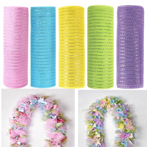 JStnana 5 Rolls Easter Mesh Ribbon for Wreath, 10 Inch x 30FT Per Roll Metallic Foil Deco Mesh Rolls Light Pink Blue Yellow Green Purple Decorative Mesh for Spring Easter Baby Shower Party Decor