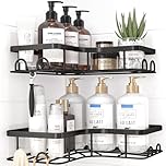 Kitsure Corner Shower Caddy - 2 Pack Rustproof Shower Organizer, Durable Shelf with Large Capacity, Drill-Free Adhesive Bathroom Shelves with 4 Movable Hooks, Large, Black