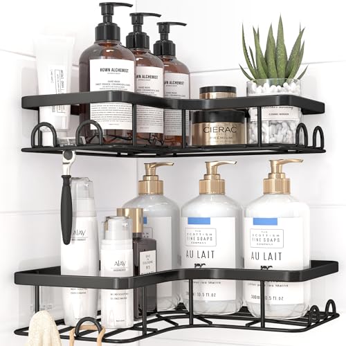 Kitsure Corner Shower Caddy - 2 Pack Rustproof Bathroom Shelves Durable Shelf with Large Capacity Drill-Free Adhesive Shower Organizer with 4 Movable Hooks Large Black
