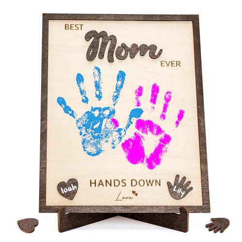 Personalized Best Mom Ever Gifts - Wooden Keepsake Sign with Kids Handprint Art Custom Ink Name DIY Craft Kit for Mothers Day Handmade Family Decor Unique Birthday Gift Idea for Mom