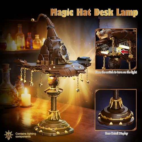 Image of Vziimo Magic Hat Lamp Building Set, MOC Light-Up Wizard Hat Desk Retro Lamp Set with Stars and Chains, Idea Mystical Academy Gift Toy for Movie Fans Teens Adults (698PCS)