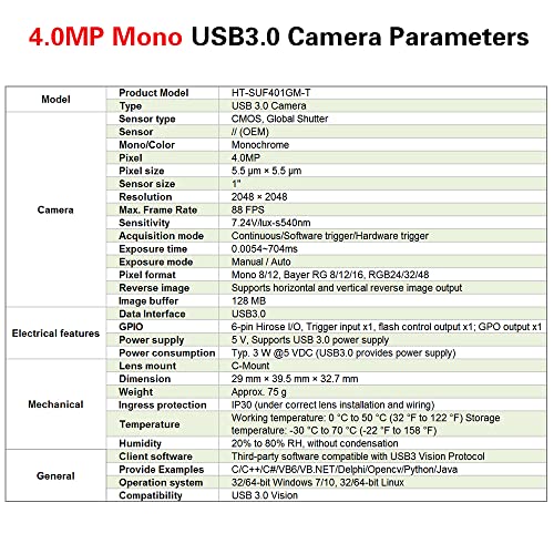 Image of USB3.0 4.0MP Machine Vision Industrial Camera Global Shutter Monochrome | HT-SUF401GM-T Area Scan Sensor 1 inch C-Mouth Supports Windows and Linux SDK 2048x2048 88fps