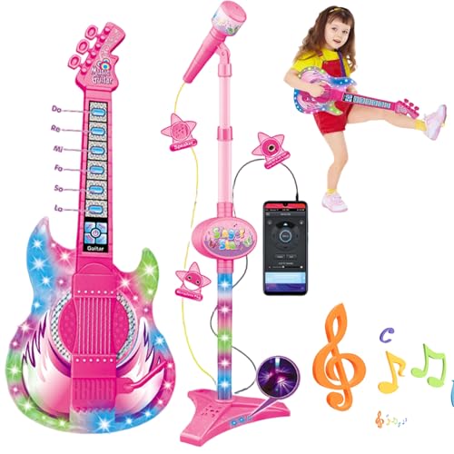 Lawnrden Juego de Guitarra y Micrófono, Guitarra y Micrófono para Niños, Juguete con Música Luz,...