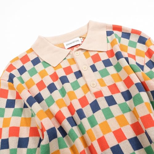 OXKNIT Mens Knitted Retro Polo Shirts Color Plaid Casual Short Sleeve Summer Shirt3