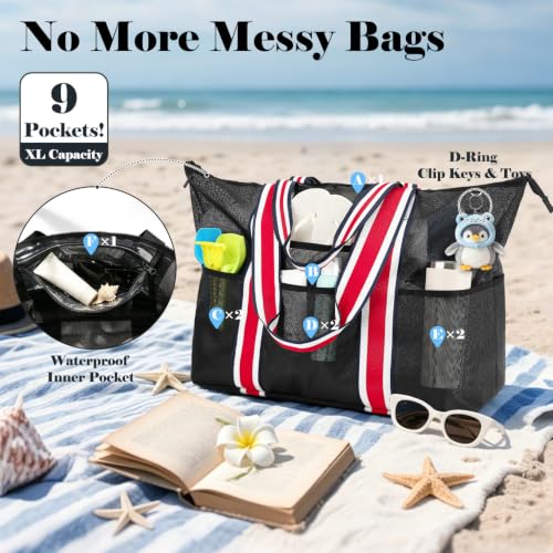 Image of Fammart Large Mesh Beach Bag for Women, Oversized Beach tote Swim Pool Bag