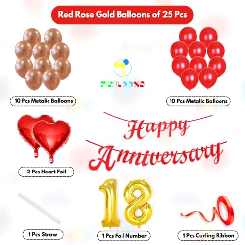 Image of Flyloons 18th Happy Anniversary Decoration Items Red Rose Gold for Men Women Husband Wife Mom Dad Parent Couple Home Bedroom Car With 20 Pcs Metallic Balloons Anniversary Banner 2 Pcs Heart Set Kit