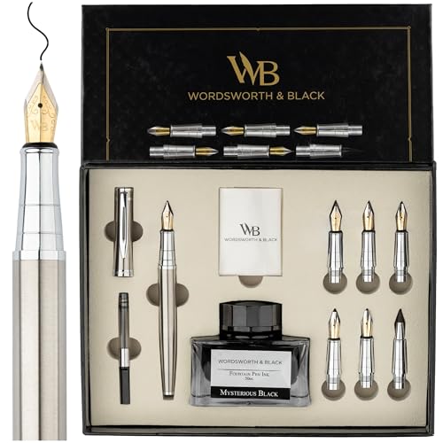 Image of Wordsworth & Black Luxury Calligraphy Pen Set for Writing, 6 Nibs,Silver | Fountain Ink Bottle, Cartridges & Refill Converter, Refillable, Silver, High End Gift for Men & Women, Journaling & Lettering