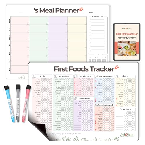 Image of Adi+Isla 100 First Foods Chart & Weekly Meal Planner Magnetic Checklist Baby Solid Food Tracker | 101 Before One Baby-Led Weaning Feeding Essential for 6+ Months w 3 Bonus Markers Large 35x25 cm