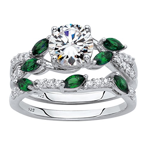 Platinum over Silver Cubic Zirconia and Created Emerald Emerald Bridal Ring Set Size 7