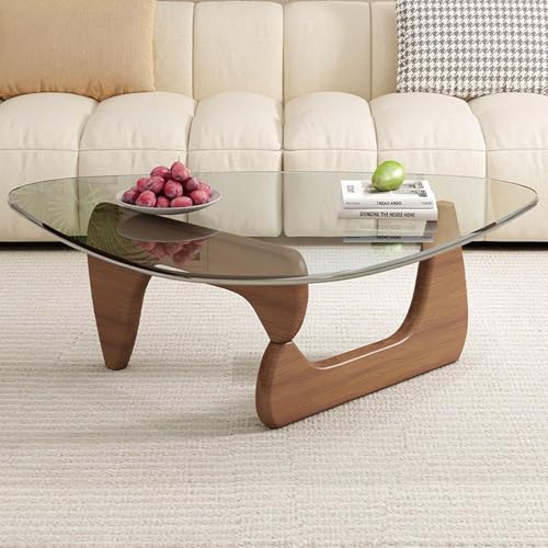 Mesa de Centro de Vidrio Triangular Mesa de Centro Moderna, Mesa Auxiliar de Madera Vintage, Mesa de Centro Decorativa con Tapa de Vidrio Transparente para Sala de Estar, Patio, Patas de nog