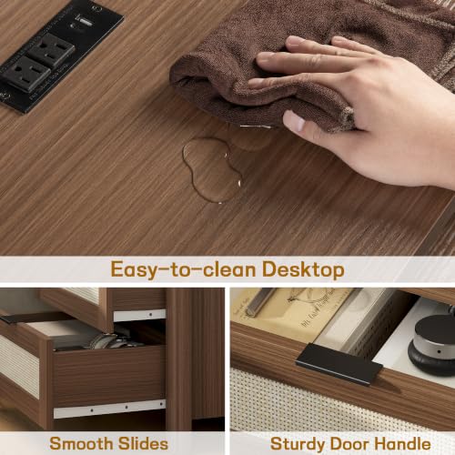 Image of Boho Nightstand Set of 2 with Charging Station, Bedside Table with Drawer & Open Storage Shelf, Mid-Century Modern End Table Rattan, Accent Side Table with Rounded Corners for Bedroom Living Room