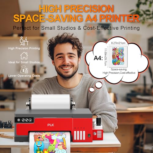 Image of PLK A4 DTF Printer with XP600 Printhead, Sheet and Roll Feeder, Built-in Film Cutter, Upgrade L8058 DTF Printer Machine with White Ink Stirring System 100% Transfer for DIY Printing with Oven Bundle