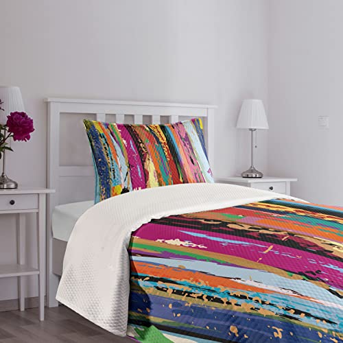 Ambesonne Abstract Bedspread, Multicolored Expressionist Work Of Art Vibrant Rainbow Design Tainted Pattern, Decorative Quilted 2 Piece Coverlet Set With Pillow Sham, Twin Size, Orange And Purple #TOP6