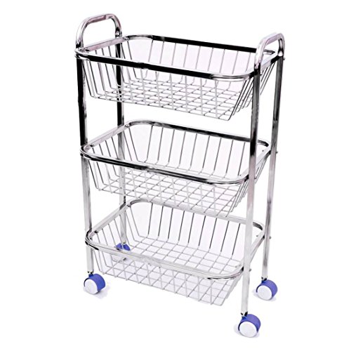 Rawzz Stainless Steel 3 Tier Vegetable Fruit Storage Trolley with Wheels (Silver)