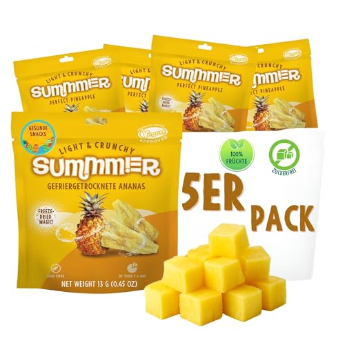 Summmer Gefriergetrocknete Ananasstücke - 5er Pack - Ohne Zucker 100% Natürlich Knuspriger Fruchtsnack Perfekt für Müsli Joghurt & Smoothies (65g)