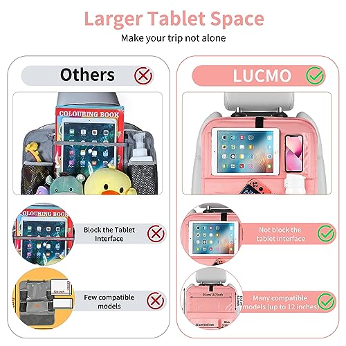 Image of LUCMO Car Backseat Organizer with Foldable Tablet Holder, Pink | 2 Pcs,6 Storage Pockets,Foldable Food Tray,Protectors Kick Mats,Travel Accessories,Seat Cover,Road Trip Essentials