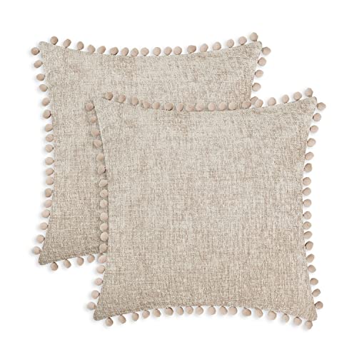 CaliTime Pillow Cases Pack of 2 Cozy Solid Dyed Soft Chenille Cushion Covers with Pom Poms for Couch Sofa Home Decoration 55cm x 55cm Taupe