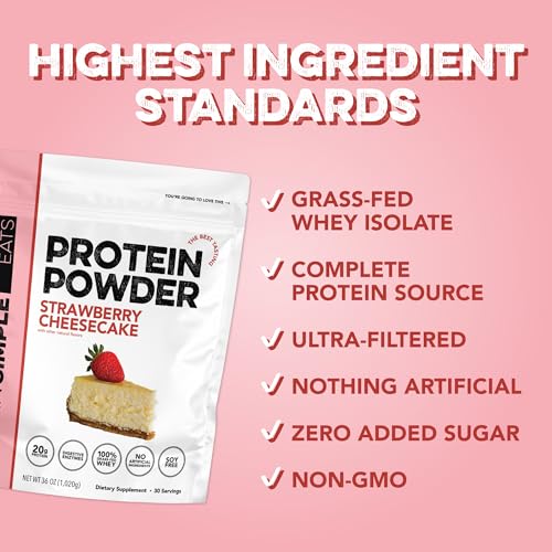 Image of Clean Simple Eats Whey Isolate Protein Powder, Strawberry Cheesecake, Naturally Sweetened, Zero Added Sugar, 20g 100% Grass Fed Protein Powder with Digestive Enzymes, Gluten Free, Non GMO, 30 Servings