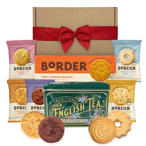 Border Biscuits Gift Set Afternoon Tea Hamper with Border Ginger Crunch 135g, English Afternoon Teabags in a Luxury Tin (40 Teabags) and x10 Border Biscuits - The Perfect Tea and Biscuits Gift Set