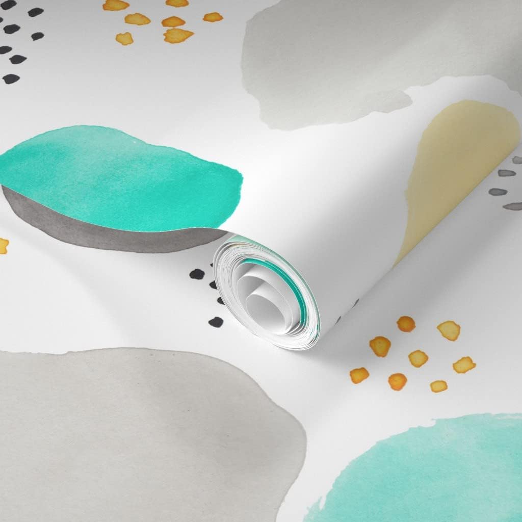 Spoonflower Removable Wallpaper 6ft x 2ft - Teal Grey Gold Watercolor Dots Yellow Midcentury Modern Polka Aqua Custom Pre-Pasted Wallpaper