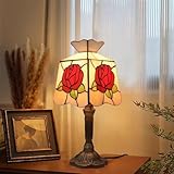 SLFFLS Small Red Rose Square Table 8 Inch Style Green Leaf White Beige Cream Stained Glass Flower Bouquet Desk Light for Reading Bedside Night Lamp