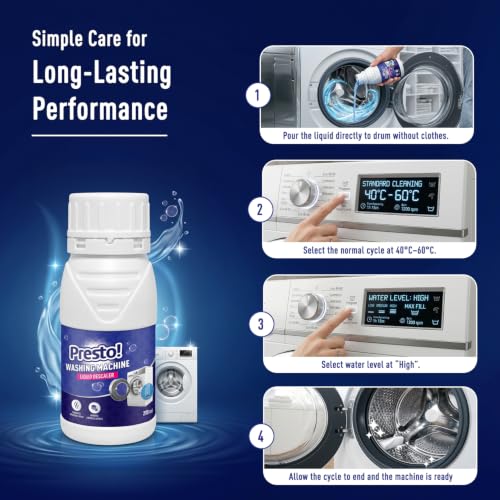 Image of Amazon Brand - Presto! Washing Machine Descaler Liquid | 200ml | Cleaning Liquid For Front & Top Load Washing Machines | Limescale Deposit Remover | Restores Machine Performance
