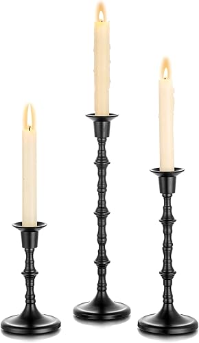 Nuptio Juego de 3 portavelas góticos negros para velas cónicas de metal, candelabros de metal, centros de mesa para comedor, boda, hogar, Halloween,