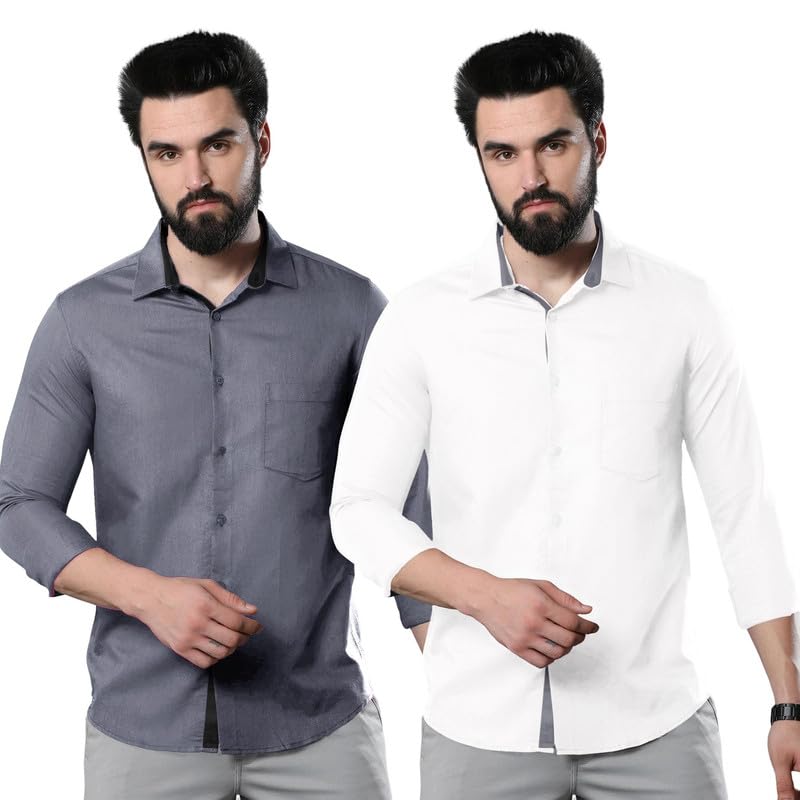 Image of Pinkmint Combo of Men Casual Cotton Blend Full Sleeves Formal Regular Slim Fit Plain Office Shirts