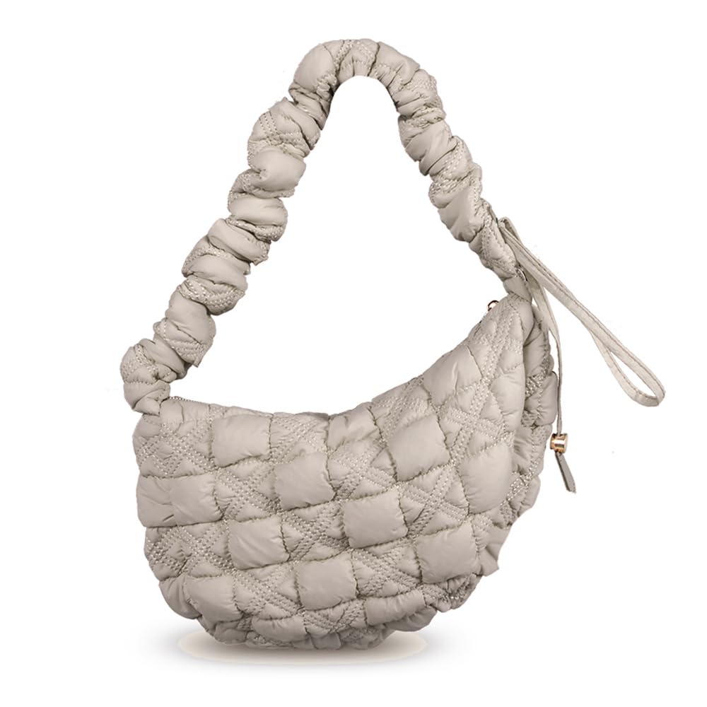 Puffer Bag Quilted Padded Tote Bags for Women Puffy Hobo Purse Lightweight Down Cotton Crossbody Shoulder Bag Light Grey