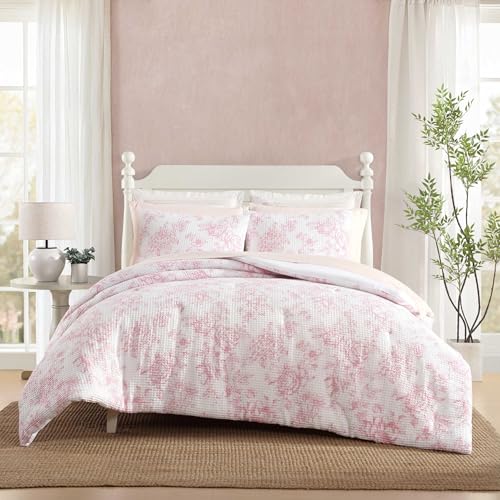 Image of Laura Ashley - Comforter Set, Soft Poly Waffle Textured Bedding with Matching Shams, Delicate Floral Design (Delphine Pastel Pink, Full /Queen)