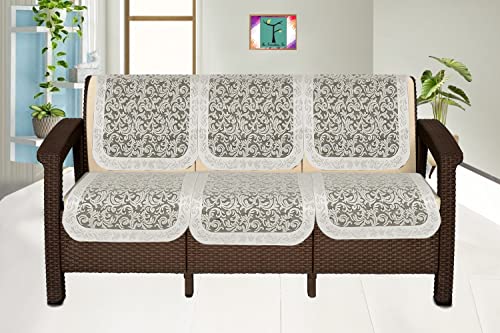 Image of The Furnishing Tree Cotton Floral Knitted Pattern 6 Pieces 3 Seater Sofa Cover Set Offwhite