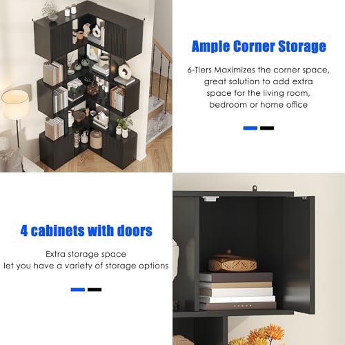 Image of kepptory 5 Tier Corner Bookshelf, 71 inch Storage Bookcase, L-Shaped Cube Bookshelf, Modern Display Shelf Standing Unit, Wood Metal Living Room /Home Office /Bedroom Display Unit, Black