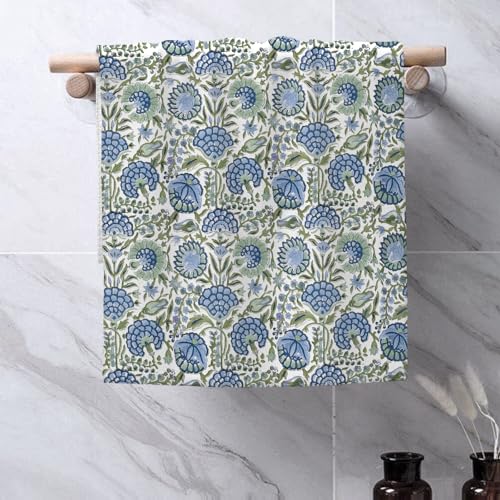 Image of Blue Sage Green Block Print Floral Kitchen Towels Spring Boho Vintage Flower Dish Towels, 16x24 Inch Farmhouse Seasonal Summer Decoration Absorbent Hand Towels for Kitchen Drying Decor Set of 2
