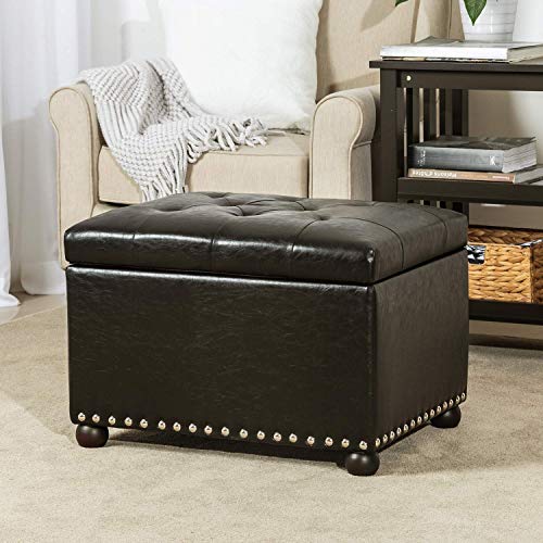 Image of Joveco Leather Storage Ottoman, 24 inch Rectangle Tufted Foot Rest Stool, for Living Room Bedroom, Midnight Black