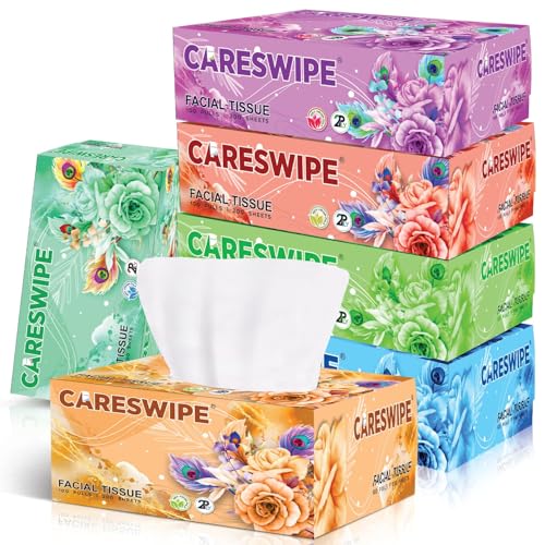 Image of Tissue Paper Box | 600 Pulls | 6 Packs x 100 Pulls | Soft & Absorbent Facial Tissue | 2 Ply Gentle Face Tissue for Home, Office & Car Use