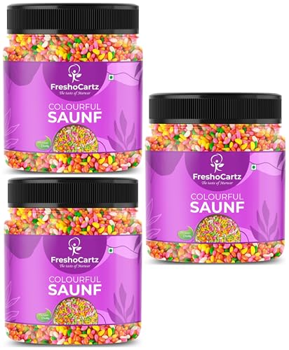 Image of FreshoCartz Sugar Coated Colourful Saunf | Sweet Colour Fennel Seeds For Cake Decoration | Mouthfreshner Fennel Saunf | Multicolour Saunf - Jar Pack (Sweet Fennel, 400g (Pack of 3))