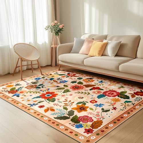 Floral 6x9 Area Rug Machine Washable Soft Print Boho Carpet Non Slip Doormat Low Pile Flower Area Rugs for Living Room Bedroom Nursery Kitchen Dining Room Indoor-Light Orange