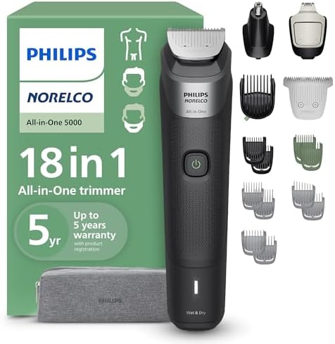 Philips Norelco Multigroom 5000 Series, All-in-One Trimmer, Beard Trimmer and Hair Clipper, 18-Piece Men's Grooming Kit for Beard, Face, Nose, Ear, Body, with Titanium Blades, Travel Pouch, MG5970/49