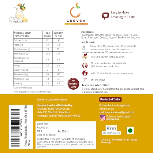Image of Crevea Pinacolada Breakfast Smoothie Powder - Natural Fruit Powders, Oats, Flax Seed, Coconut | No Preservatives, No Refined Sugar - Delicious & Healthy Shake - Ready to make Smoothie Mix (7 serves)