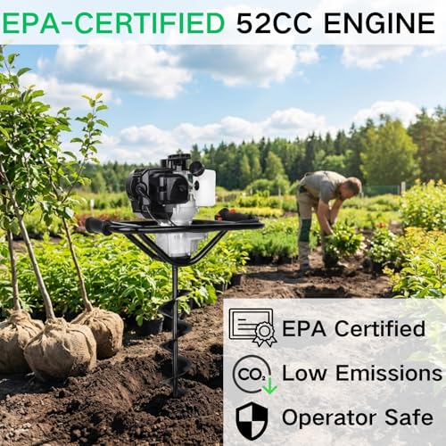 Image of DC HOUSE 52cc 1800W Gas Powered Earth Auger EPA Certified Post Hole Digger, with 2 Drill Bits 6 inch 10 inch, Mixing Ratio 30:1, for Fence, Farmland and Garden