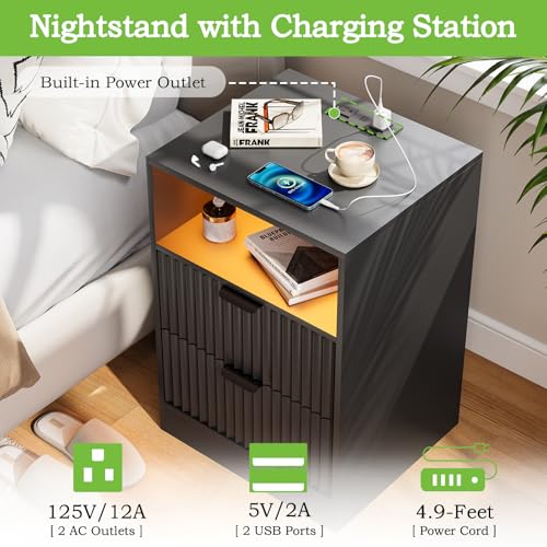 Image of Black Night Stand Set 2, LED Nightstand with Charging Station, Fluted Nightstands Set of 2 with 2 Drawers, Wood Side Table End & Bedside Tables for Bedroom Sofa Office