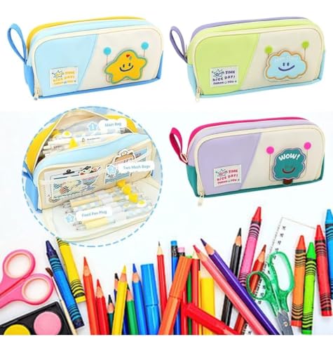 Image of Cute Cloud Pencil Pouch for Kids, Large Capacity Zippered Pen Case with Mesh Pockets & Elastic Pen Holders, Kawaii Green Purple School Stationery Organizer