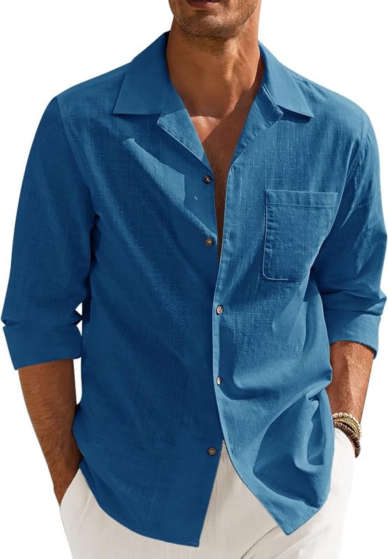 Image of Combo of Men's Casual Cotton Blend Shirt || Long Sleeve Button Down with Spread Collar | Lightweight Breathable Fabric | Stylish Solid Shirt for Beach, Office & Everyday Wear Pack of 2