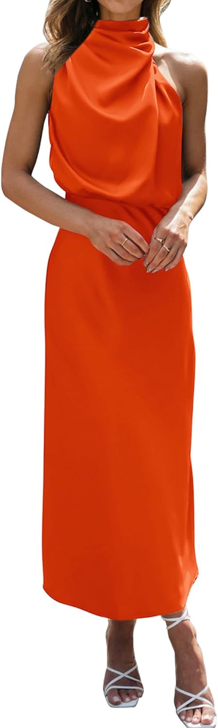 BTFBM Women's Sleeveless Cocktail Dresses Mock Neck Keyhole Elastic High Waist Wedding Guest Evening Party Maxi Dress Solid Orange Small