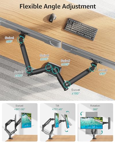 Image of MOUNT PRO Dual Monitor Desk Mount, Pneumatic Monitor Arms for 2 Monitors Max 39 Inches, Adjustable Dual Computer Monitor Stand Each Arm Holds up to 26.5lbs, VESA Mount with C Clamp & Grommet Base