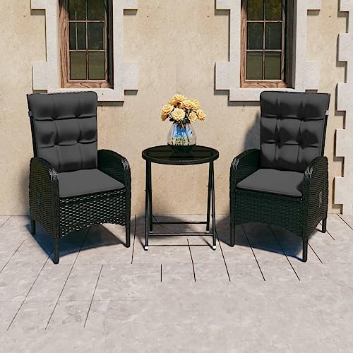 YuuSsea Juego de 3 bistró de polirratán, cristal negro, mesa plegable y 2 sillones, respaldos ajustables, para jardín, terraza, balcón, resistente a la intemperie, muebles de exterior