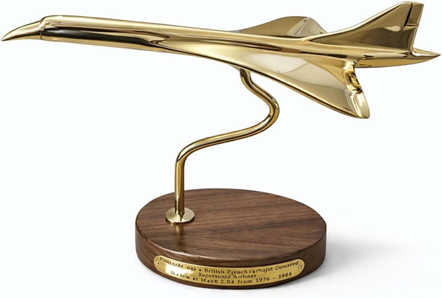 Brass Concorde Aircraft Model – Supersonic Concorde Jet Decorative Airplane Statue on Wooden Base – Aviation Desk Decor – 9 Inches