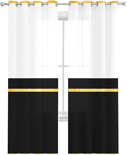 Miniatura 2 de Geometry - Juego de 2 paneles de cortinas traslúcidas negras de 63 pulgadas de largo, modernas rayas amarillas abstractas blancas que filtran la