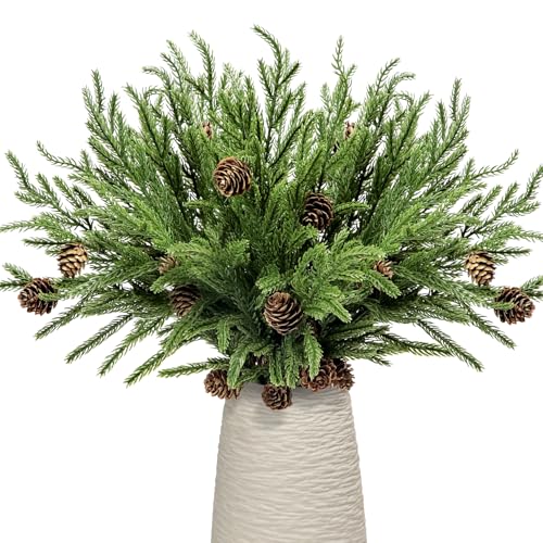 KKSTY 5 rami di pino natalizio Norfolk con pigna, steli artificiali da 40,6 cm, foglie finte realistiche al tatto, per ghirlande natalizie, ghirlande, vasi e decorazioni per la casa